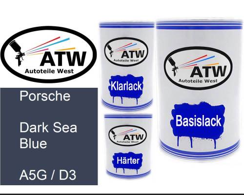 Porsche, Dark Sea Blue, A5G / D3: 500ml Lackdose + 500ml Klarlack + 250ml Härter - Set, von ATW Autoteile West.